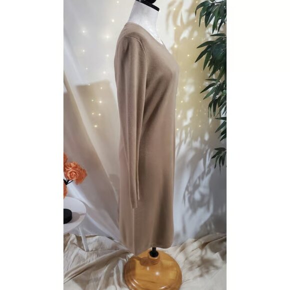 Talbots 100% Merino Wool Shoulder Button Accent Midi Sweater Dress Size L Tan - Picture 4 of 6